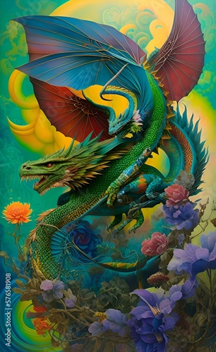 A fabulous dragon and flowers. Generative AI. Fantasy illustration © annagolant