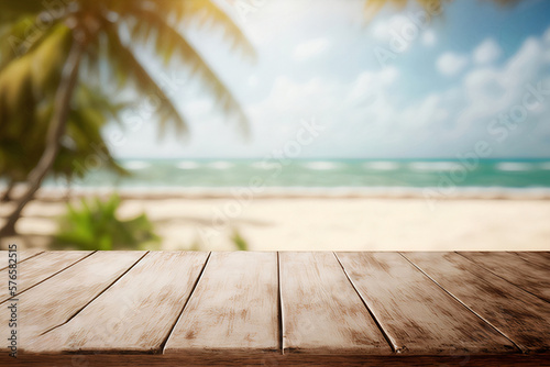 Empty wood table at Beach view blurred background, copy space, generative ai