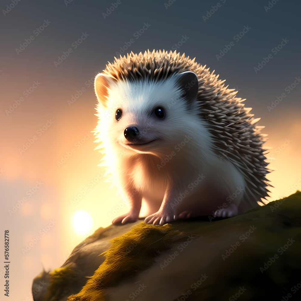Cute hedgehog sitting on a rock with the sun and a sky in the background AI - obrazy, fototapety, plakaty 