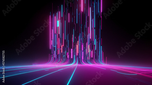 Canvastavla abstract cyberpunk background from colored technological neon lines, glowing lin
