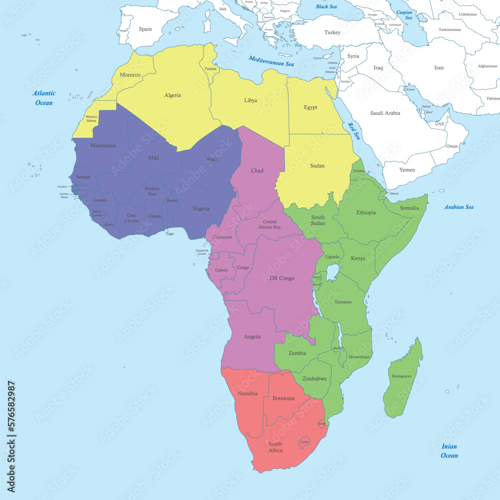 map of Africa with borders of the states.