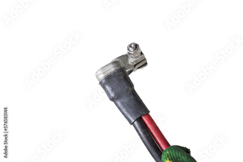 Automotive wiring harness with positive battery terminal and squib for disconnection in case of an accident. Vehicle red and black wire.