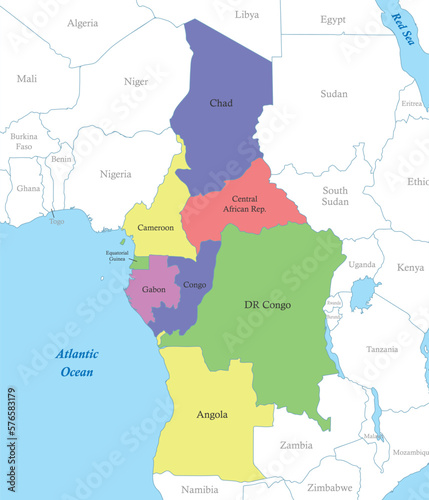 map of Central Africa with borders of the states.