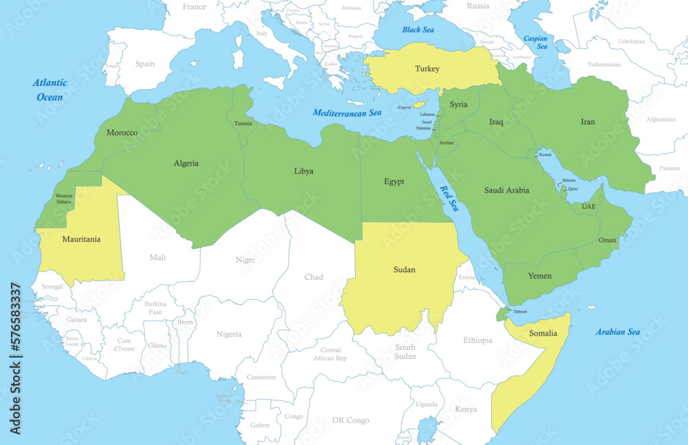 map of MENA region with borders of the states - obrazy, fototapety, plakaty 