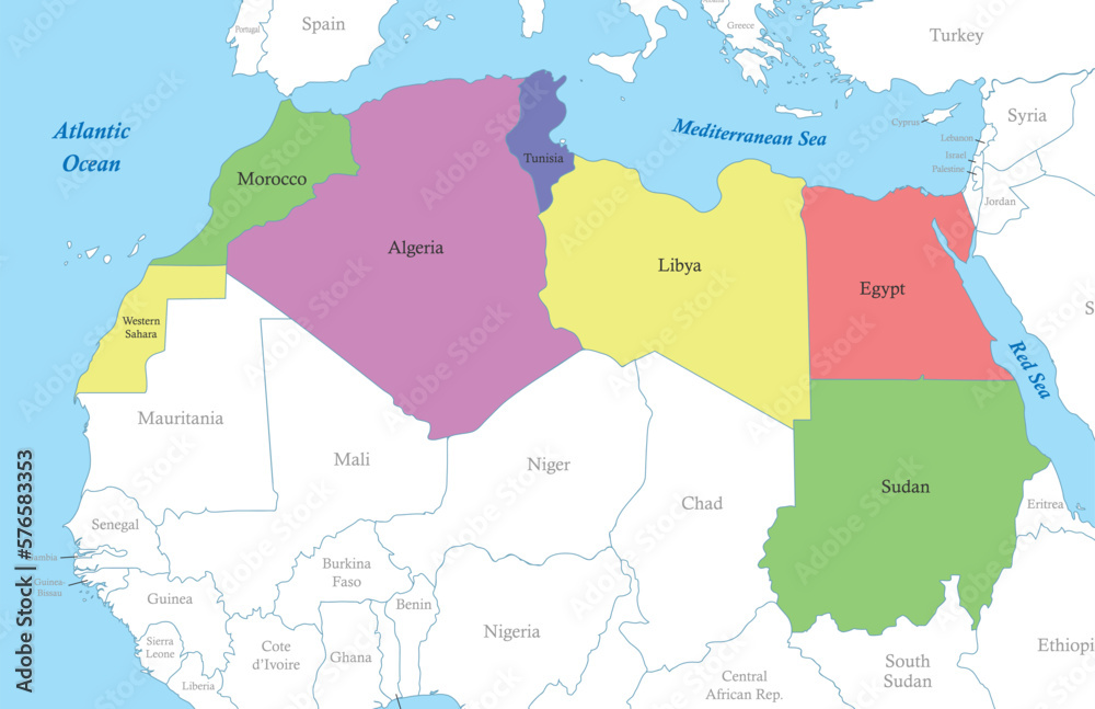 map of North Africa with borders of the states.