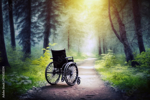 Wheelchair in a park. Empty wheel chair on a trail, trees and nature background. Generative AI © Rawf8
