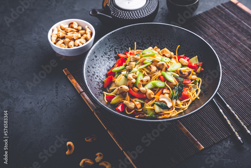 Stir Stir fry noodles with chicken, vegetables and  roasted cashew nuts