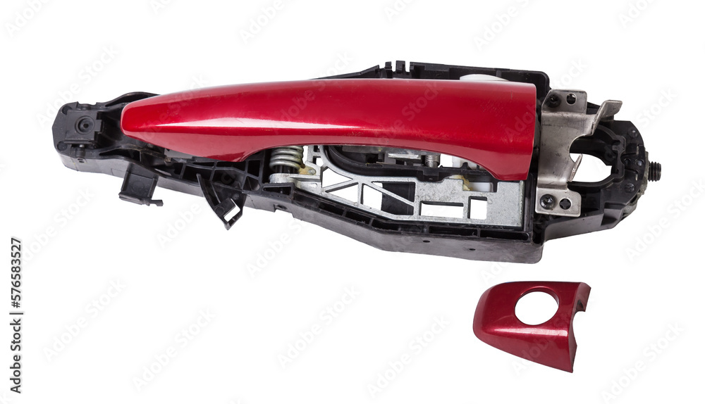 Spare part and body element outer handle of opening a door from a car on a white isolated background. Auto service industry. Spare part and body element outer handle of opening a door from a car on a white isolated background. Auto service industry.