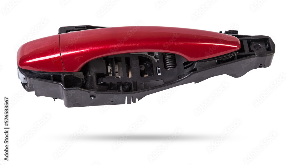 Spare part and body element outer handle of opening a door from a car on a white isolated background. Auto service industry. Spare part and body element outer handle of opening a door from a car on a white isolated background. Auto service industry.