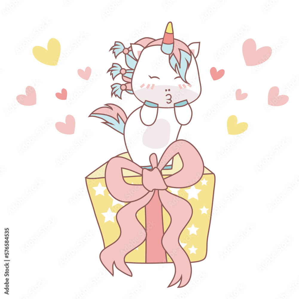 Clipart kawaii and cute baby unicorn standing on a birthday present box on white background for kids fashion artworks, children books, birthday invitations, greeting cards, posters. Fantasy cartoon. Clipart kawaii and cute baby unicorn standing on a birthday present box on white background for kids fashion artworks, children books, birthday invitations, greeting cards, posters. Fantasy cartoon.