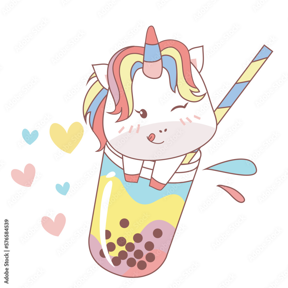 Clipart kawaii and cute baby unicorn with boba drinks on white background for kids fashion artworks, children books, birthday invitations, greeting cards, posters. Fantasy cartoon vector illustration.