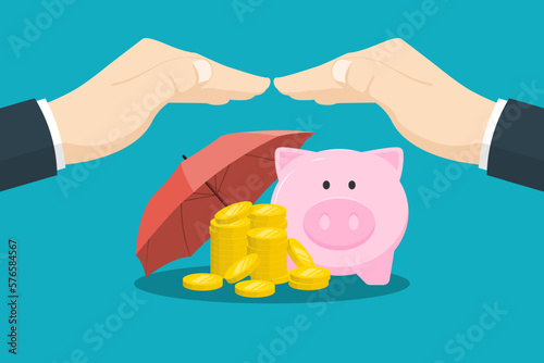 Protection saving income for future concept, Business human hand with coin, piggy bank, umbrella on isolated background, Digital marketing illustration.