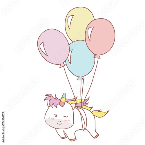Clipart Kawaii and Cute baby unicorn tied with balloon and flew on white background for kids fashion artworks, children books, birthday invitations, greeting cards, posters. Fantasy cartoon vector.