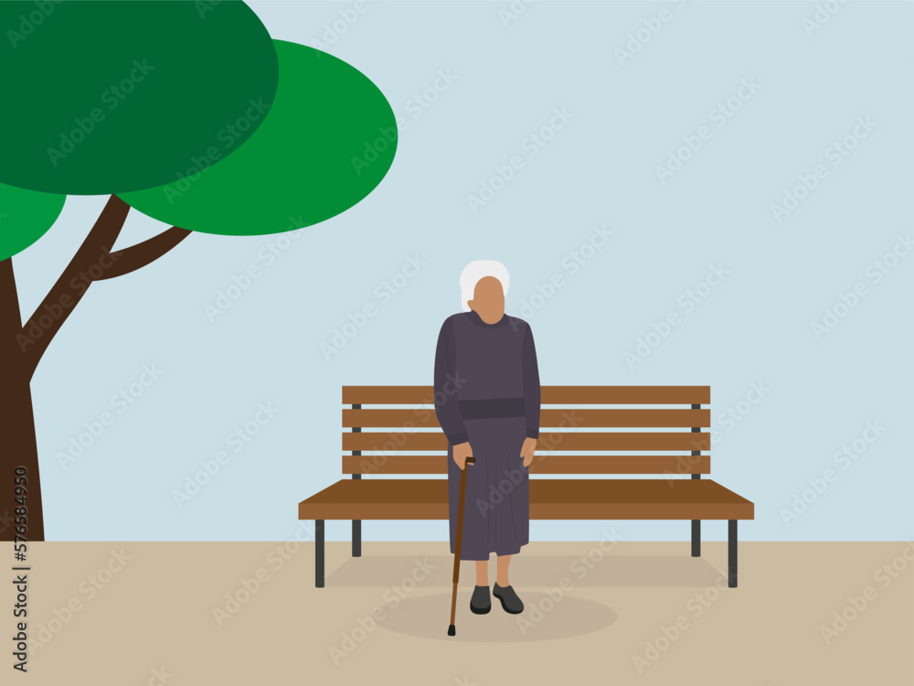 A gray-haired old woman with a cane standing next to a wooden bench outdoors A gray-haired old woman with a cane standing next to a wooden bench outdoors
