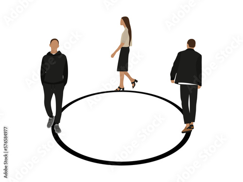 Three characters walking in a circle on a white background