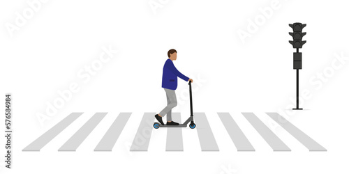 Male character on scooter rides on a crosswalk on white background