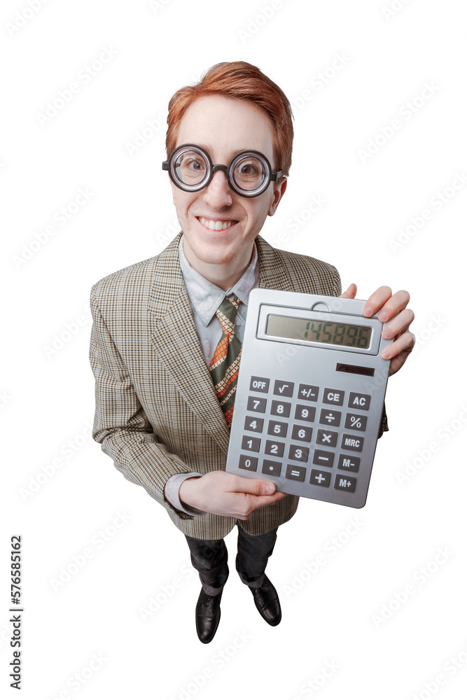 Poster Nerd guy holding a big calculator – Wall Art | UkPosters
