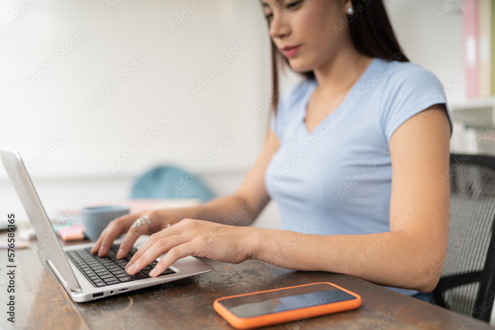 Fototapeta premium Young woman typing on the laptop