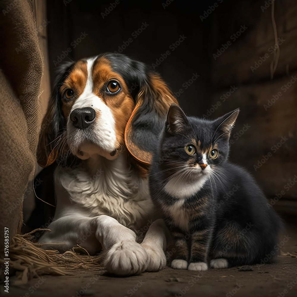 Hund and Katze sitzen verliebt nebeneinander Hund and Katze sitzen verliebt nebeneinander