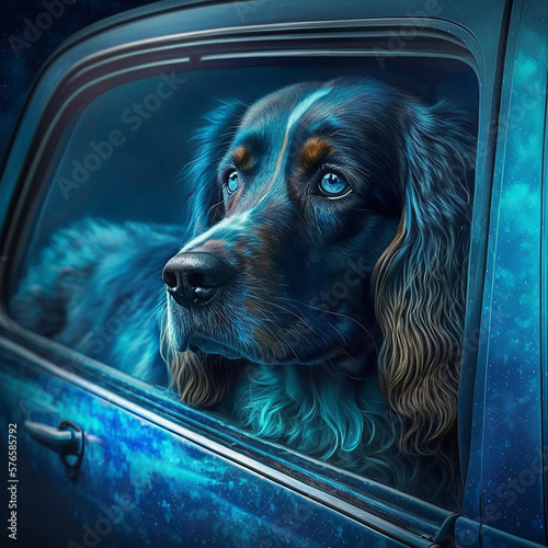 Hund fährt im blauen Auto
