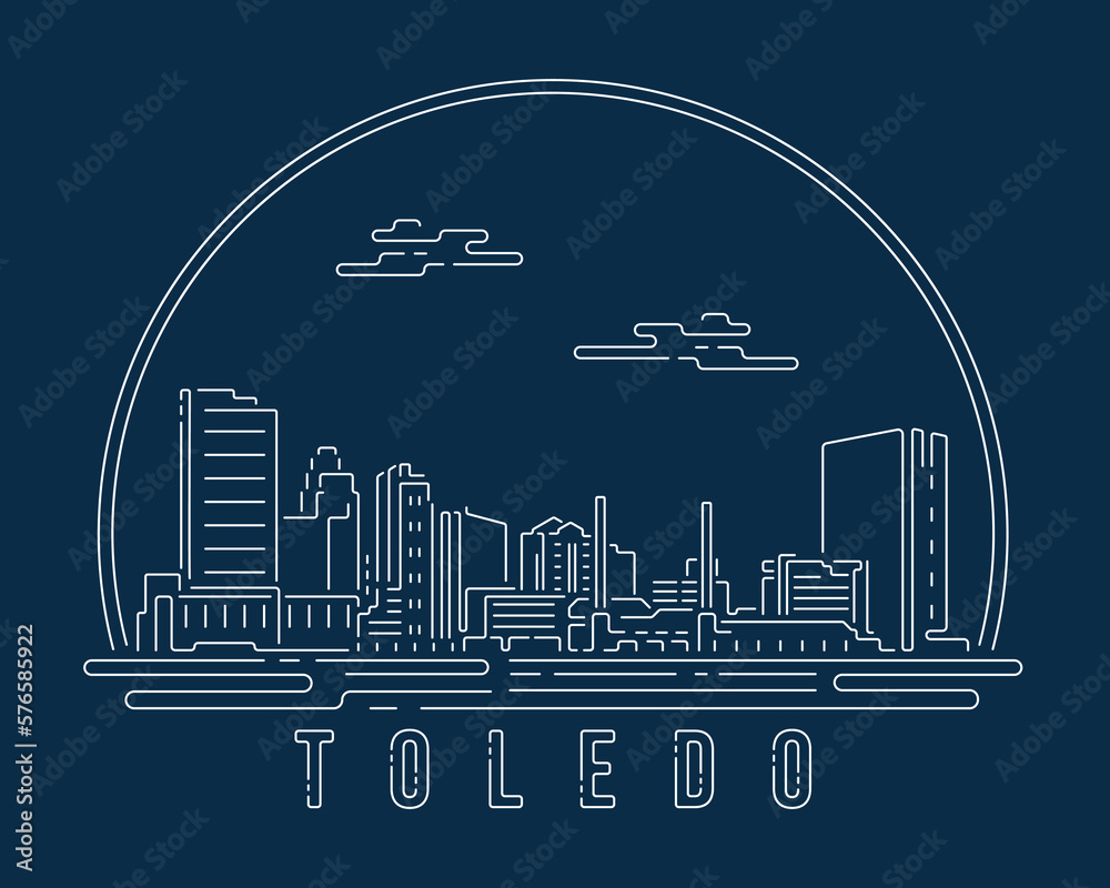 Toledo - Cityscape with white abstract line corner curve modern style on dark blue background, building skyline city vector illustration design - obrazy, fototapety, plakaty 