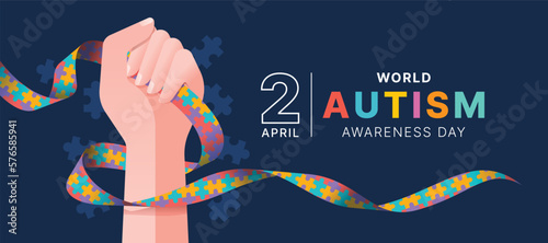 Wolrd Autism Awareness Day - Hand hold line  autism awareness puzzle ribbon sign on dark blue and puzzle texture background vector design