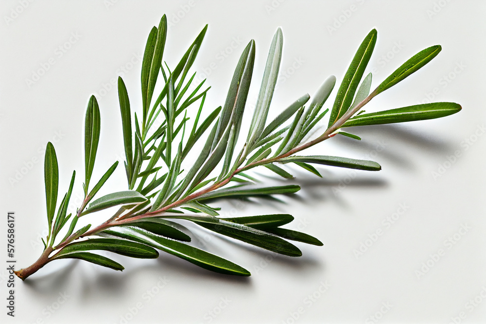 Fototapeta premium Fresh Rosemary aromatic herb. Close up view. White background. Generative Ai