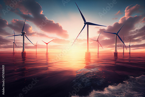 Wallpaper Mural Wind turbines in ocean. Green energy farm at sea. Generative AI Torontodigital.ca