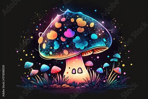 colorful light mushrooms, background in nighttime shades, doodles style. Generative AI
