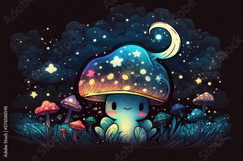 colorful light mushrooms, background in nighttime shades, doodles style. Generative AI