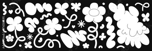 Abstract cloud and flower shapes sticker pack. Groovy funky flower, bubble, star, loop, waves in trendy retro 90s 00s cartoon style. Vector illustration with wavy and spiral elements.