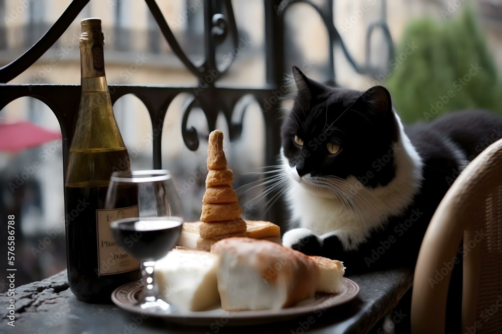 cat enjoying some typical European foods or drinks, such as cheese, wine, and croissants (AI Generated)