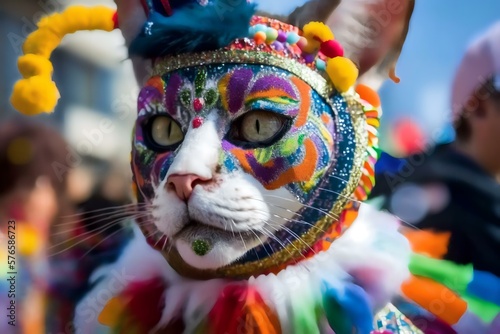 European Shorthair cat wearing a colourful mask and costume inspired by the carnivals that take place across Europe, such as Venice, Viareggio or Nice (AI Generated)