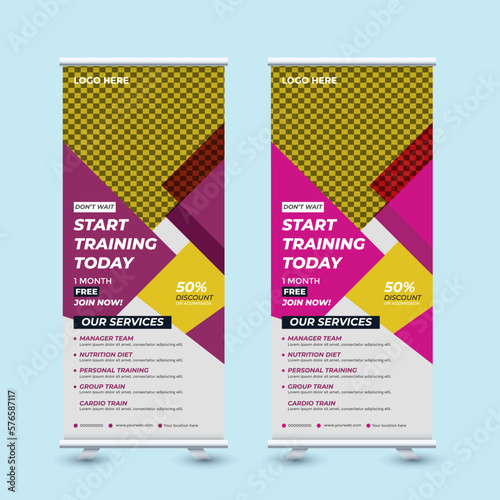 Creative Fitness Business Rool Up Modern Banner Vector Template, Standee Design, X-Banner.pull up design
