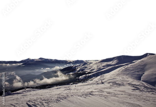 Ski slopes over clouds in wintertime isolated PNG photo with transparent background. High quality cut out scene element. Realistic image overlay for website design, layout, social media