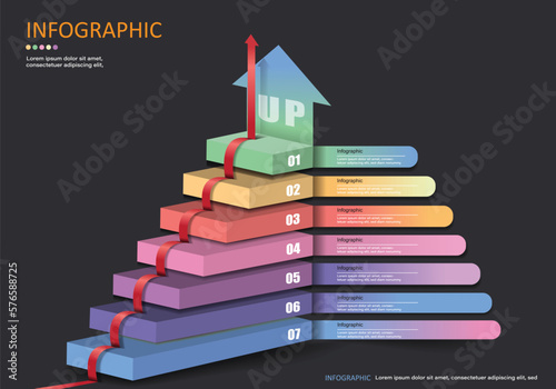Vector infographic is 3D beautiful colorful stairs on black gray background with arrows showing ascending of levels, arrow showing direction of ascending levels concept idea for presentations. 