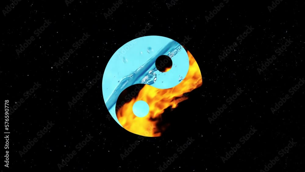 Drops of water and an explosion of fire in the form of a rotating and increasing Yin-Yang symbol against the background of the starry sky. 4k UHD slow motion video. ProRes 422 HQ. Rec 2100 HLG.