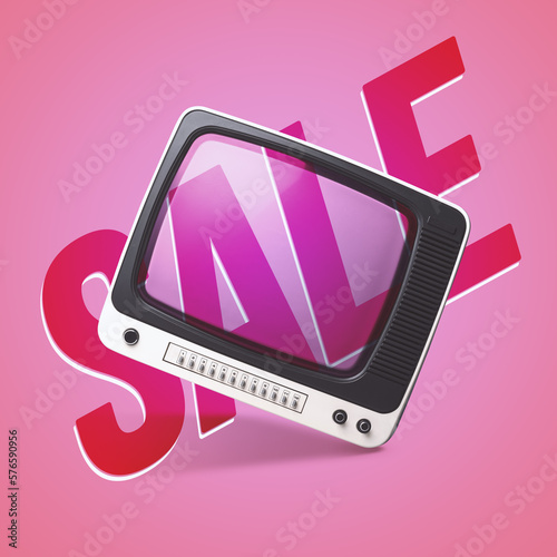 Shopping sale advertisement and vintage TV photo