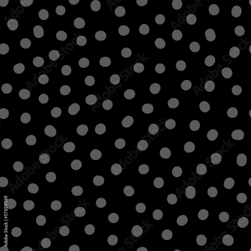 Seamless neutral polka dots pattern. Grey hand-drawn circles on Black background. Abstract Random points ornament. Vector halftone illustration for wallpaper, fabric, print, wrapping paper, textile