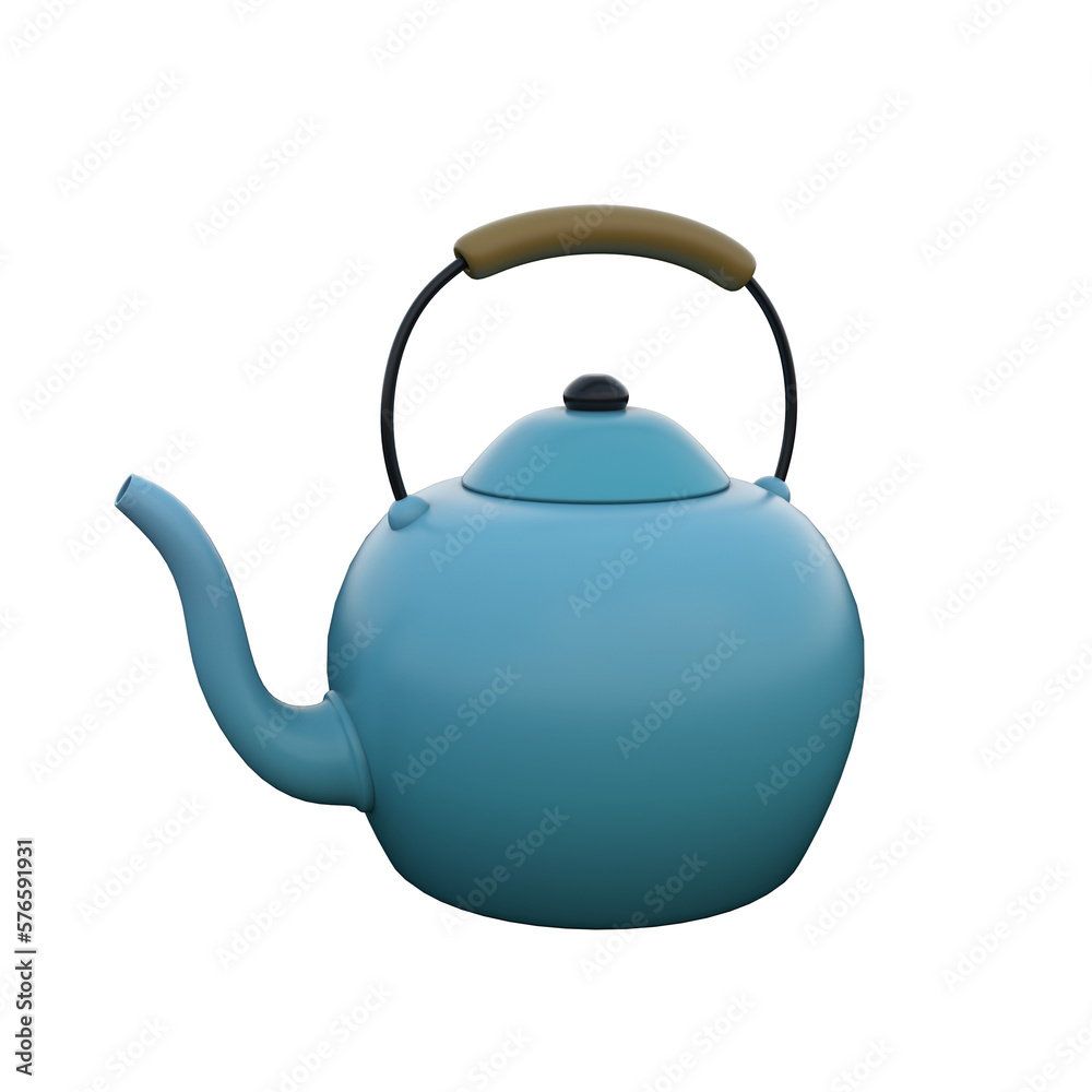 3D illustration of blue tea coffee pot with wooden handle