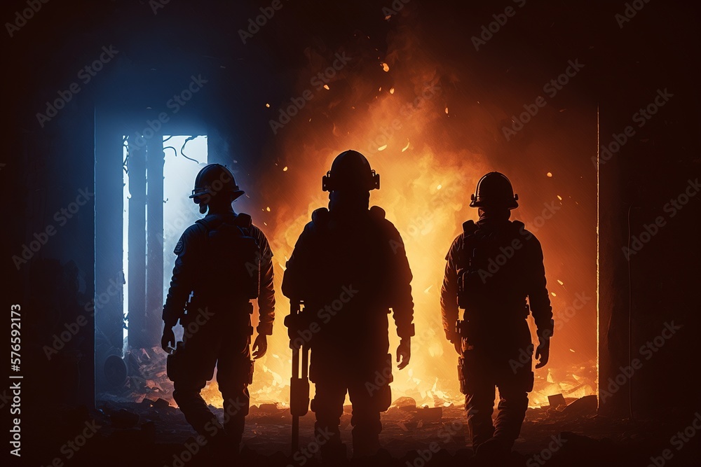 Silhouettes of three firefighters, epic back view. Generative AI