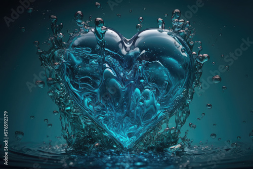 Heart water in blue liquid mystery bubbles magic underwater. Generative AI