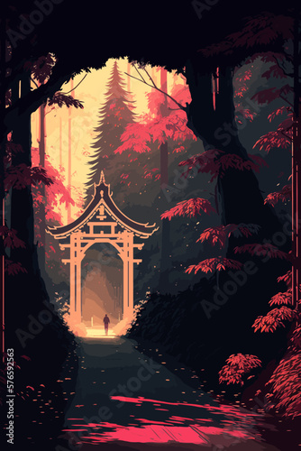 White temple in a red mystical forest. Fantasy storybook anime cartoon, digital art style.