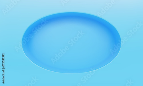 Empty elliptic niche or shelf on blue wall 3D mockup. Shop, gallery plastic or wooden showcase to present product. Blank retail storage space. Interior design furniture. Living room bookshelf