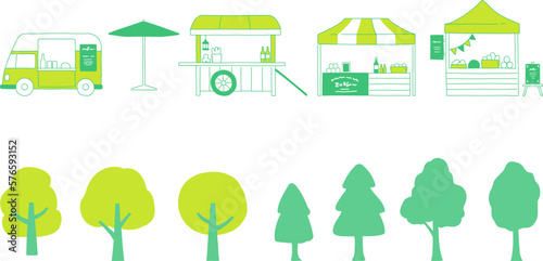 緑の木々とマルシェの屋台 イラストアイコン素材
