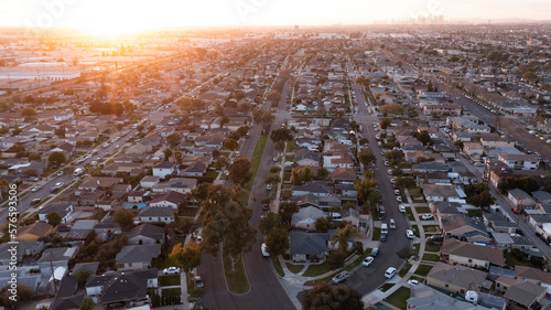 Sunset aerial view of dense suburban housing in South Montebello, California, USA. photo