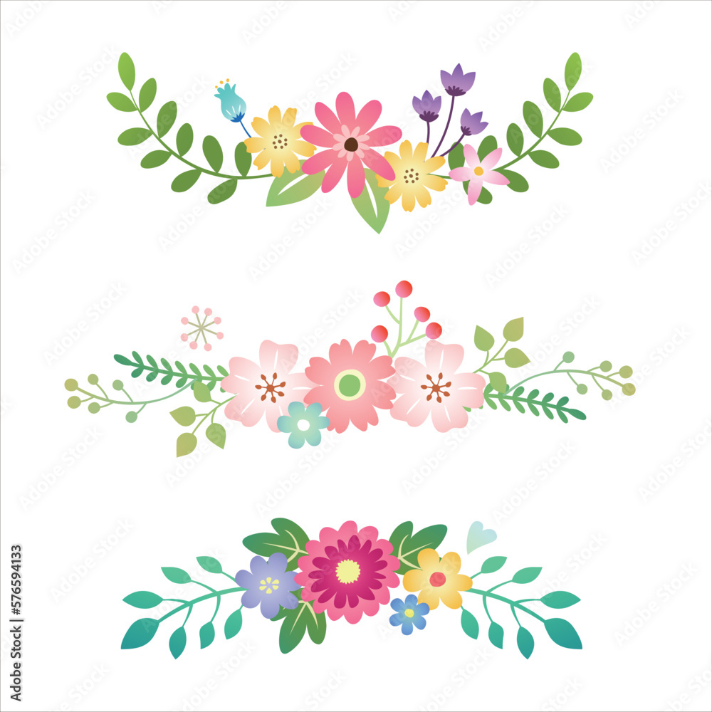 Vector flowers set. Elegant floral frames. Border ornament composed of various flowers and plants