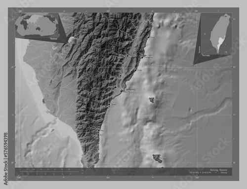 Taitung, Taiwan. Grayscale. Labelled points of cities photo