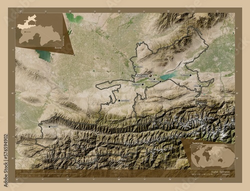 Sughd, Tajikistan. Low-res satellite. Labelled points of cities photo