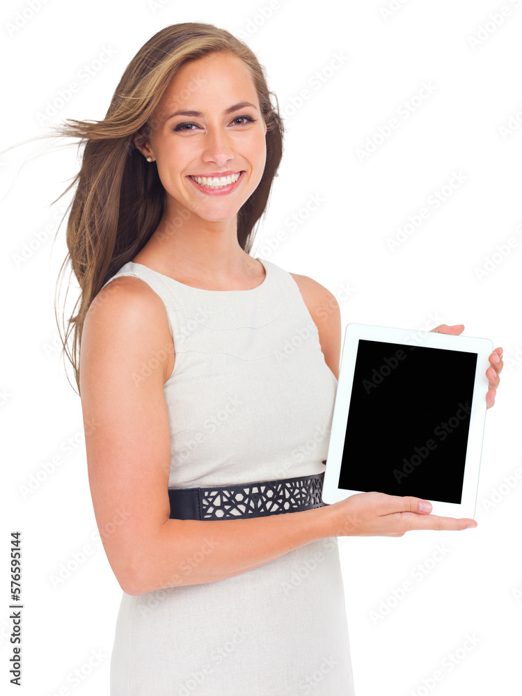 A young beautiful female model holding a blank touchscreen tablet for product placement or advertising or marketing, branding isolated on a png background. A young beautiful female model holding a blank touchscreen tablet for product placement or advertising or marketing, branding isolated on a png background.